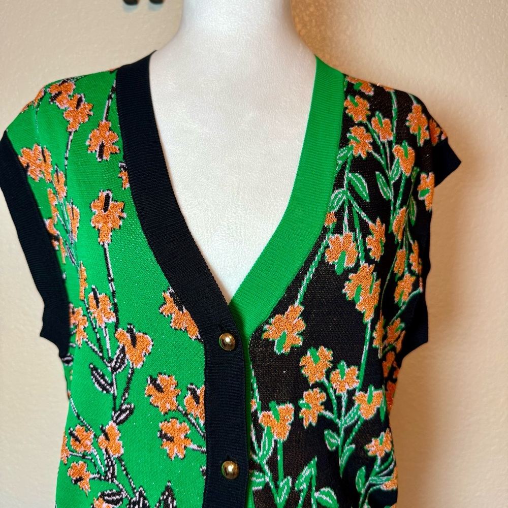 Urban Revivo Color Block Floral Sweater Vest Green Black Sparkly Size 4 - Picture 3 of 13